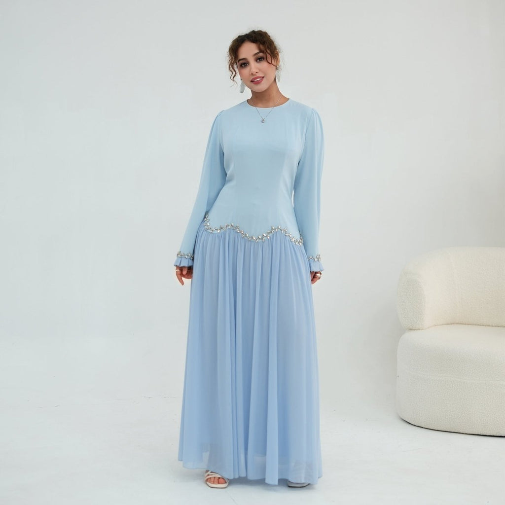 Crystal-Trim Ruffle Cuffs Maxi Dress(MS458)