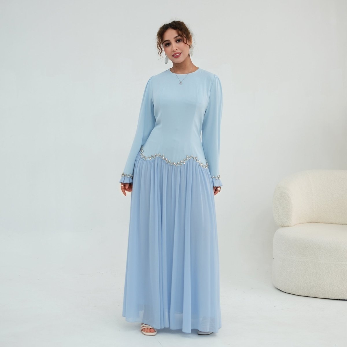 Crystal-Trim Ruffle Cuffs Maxi Dress(MS458)