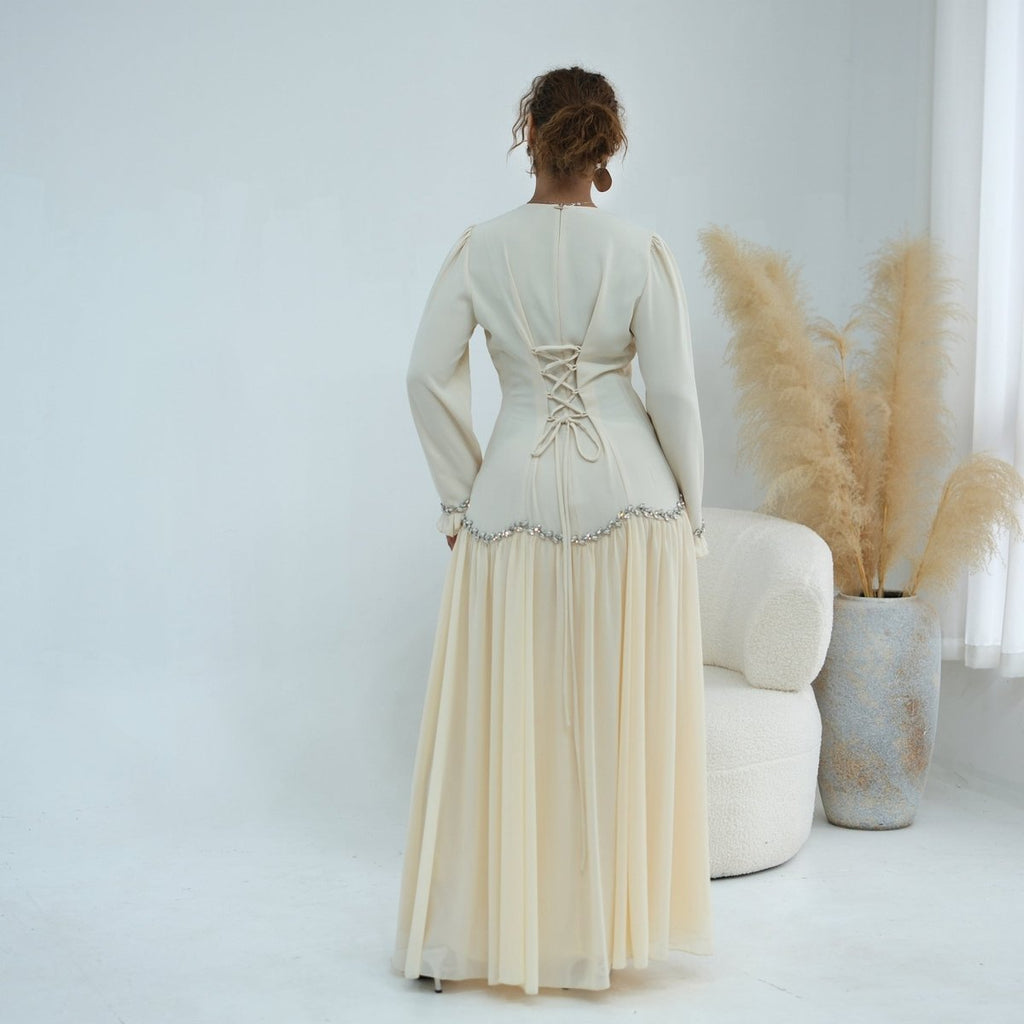 Crystal-Trim Ruffle Cuffs Maxi Dress(MS458)