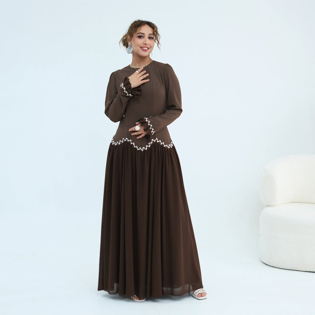 Crystal-Trim Ruffle Cuffs Maxi Dress(MS458)