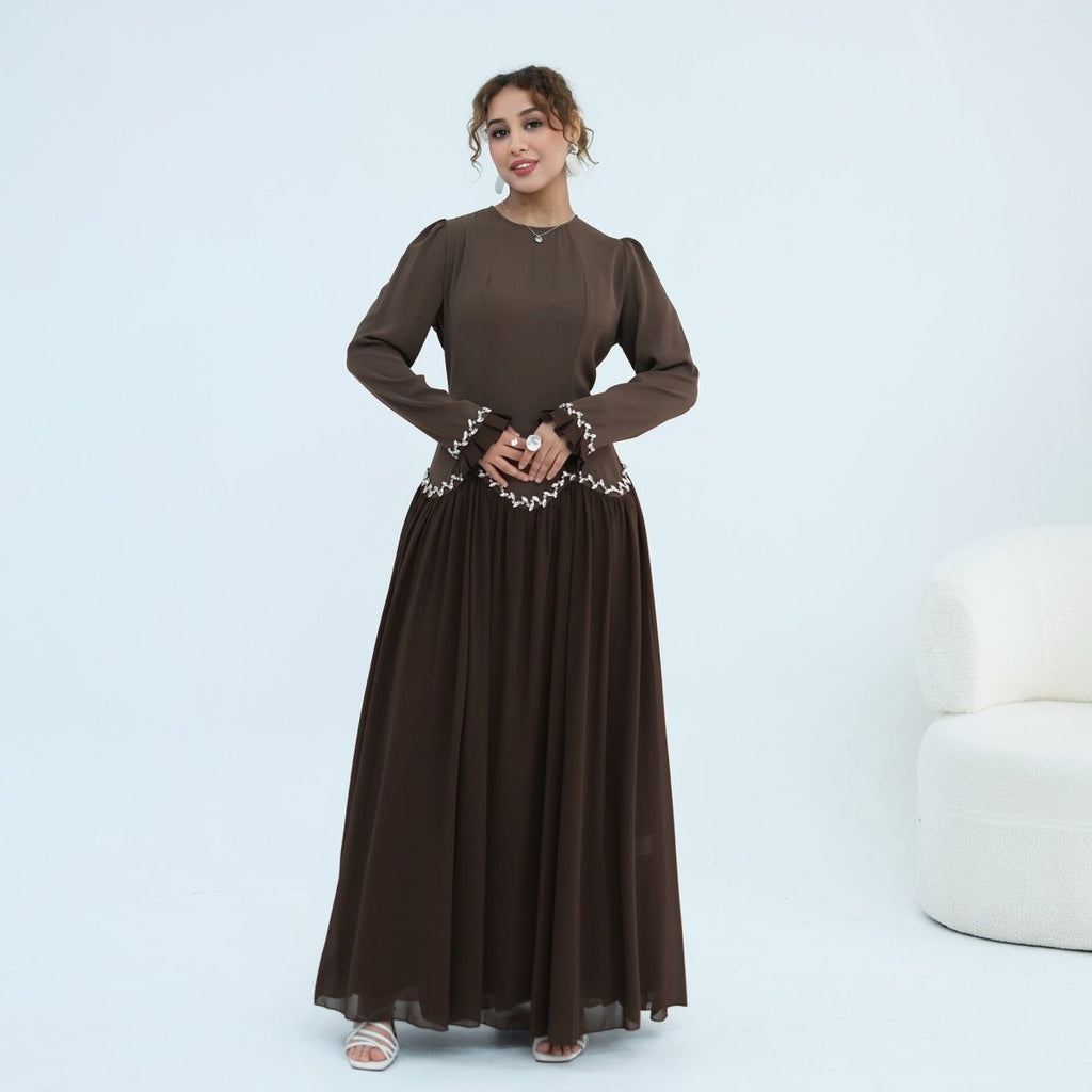 Crystal-Trim Ruffle Cuffs Maxi Dress(MS458)
