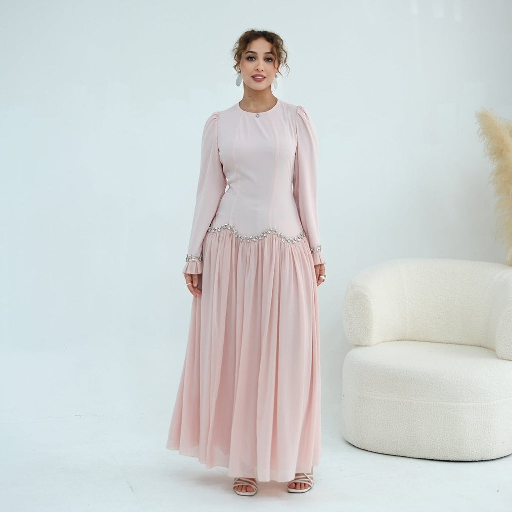 Crystal-Trim Ruffle Cuffs Maxi Dress(MS458)