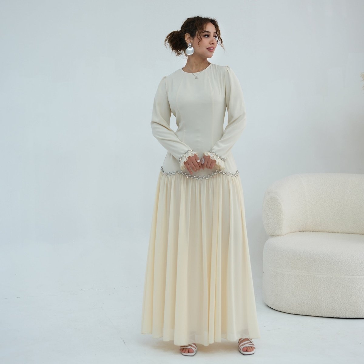 Crystal-Trim Ruffle Cuffs Maxi Dress(MS458)