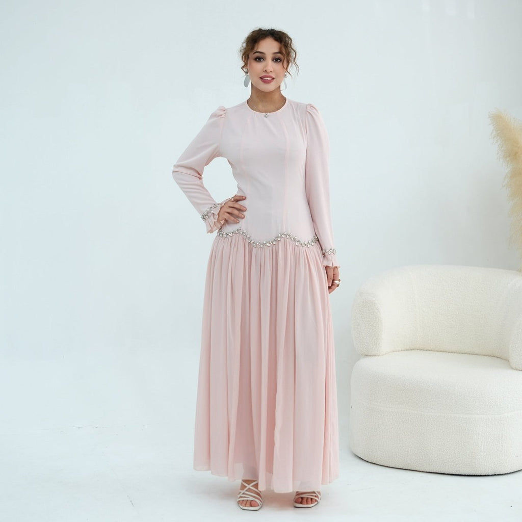 Crystal-Trim Ruffle Cuffs Maxi Dress(MS458)