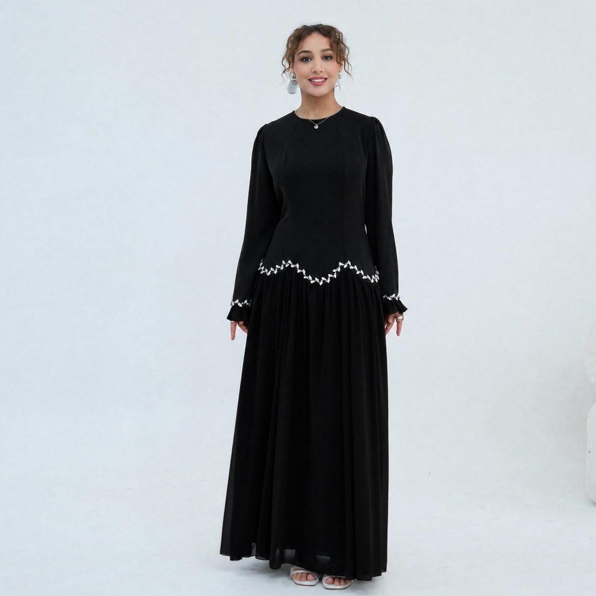 Crystal-Trim Ruffle Cuffs Maxi Dress(MS458)