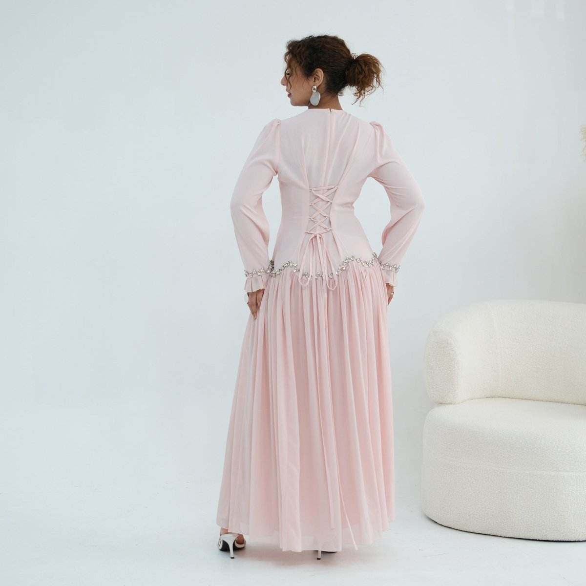 Crystal-Trim Ruffle Cuffs Maxi Dress(MS458)