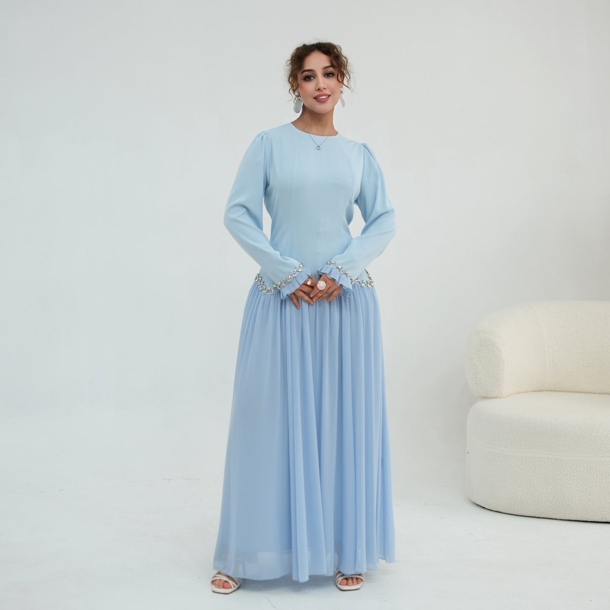 Crystal-Trim Ruffle Cuffs Maxi Dress(MS458)