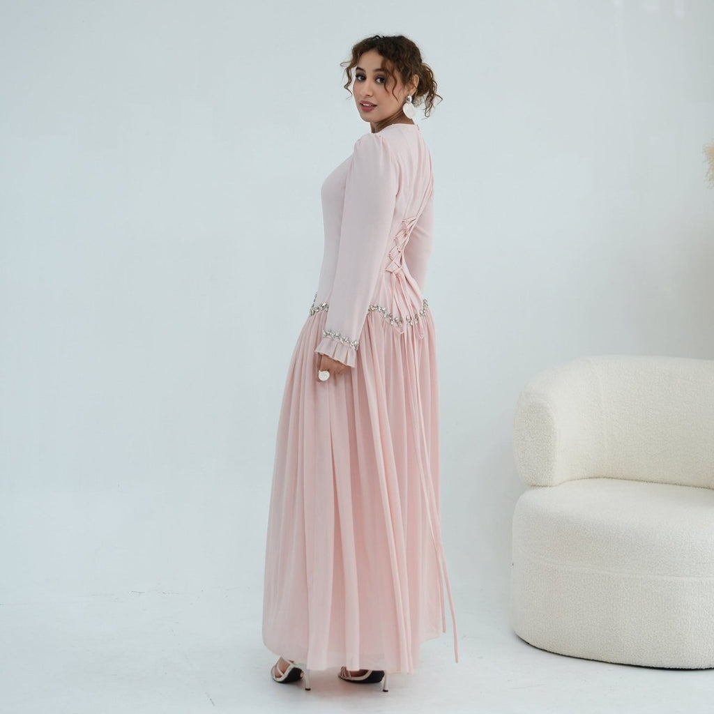 Crystal-Trim Ruffle Cuffs Maxi Dress(MS458)