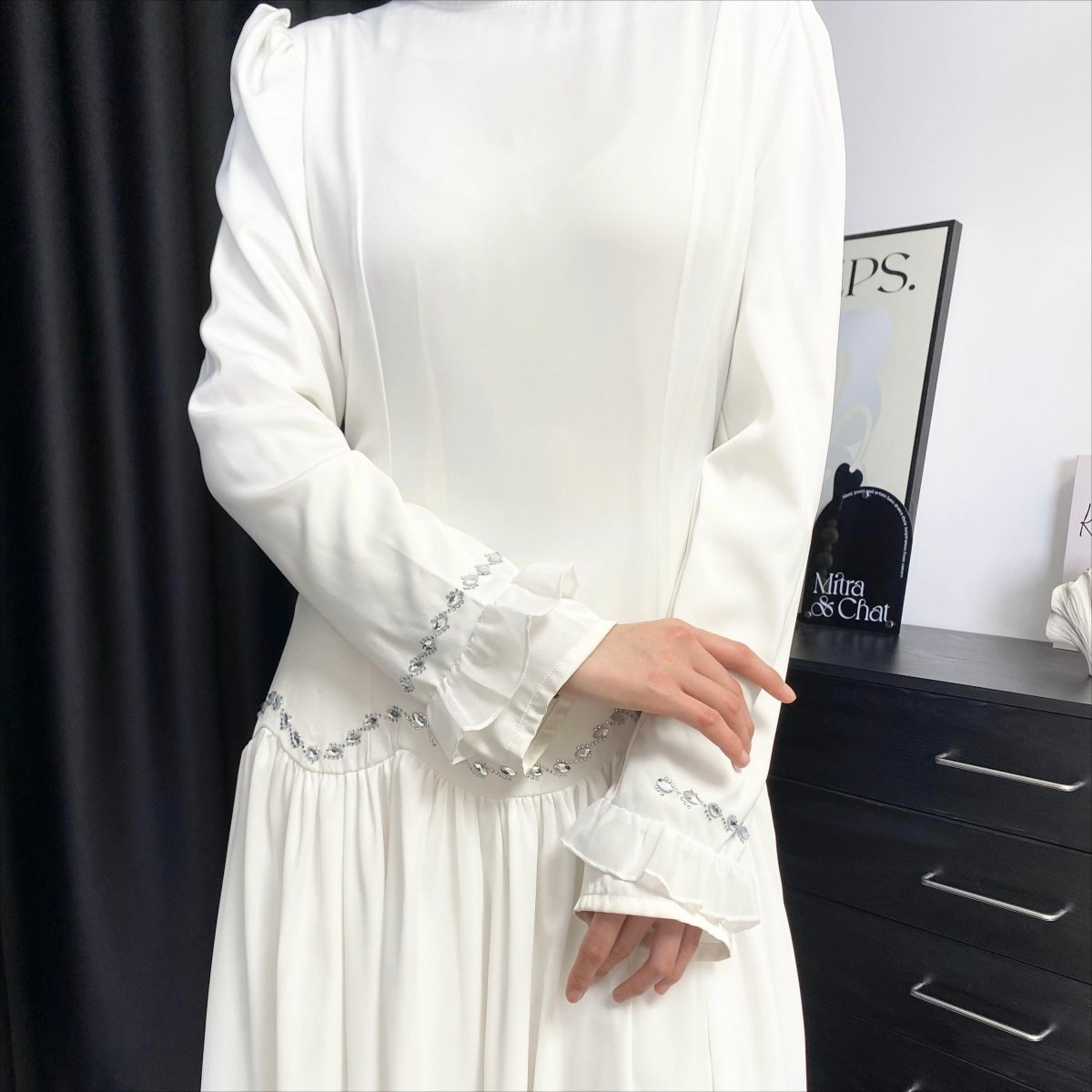 Crystal Waist Chain Dress with Ruffle Cuffs(MS306)
