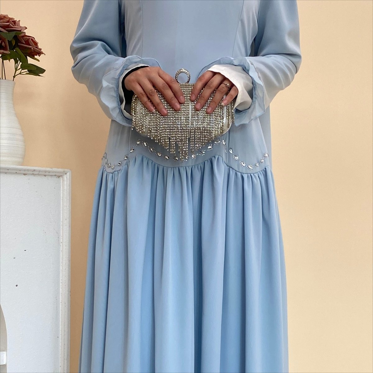 Crystal Waist Chain Dress with Ruffle Cuffs(MS306)