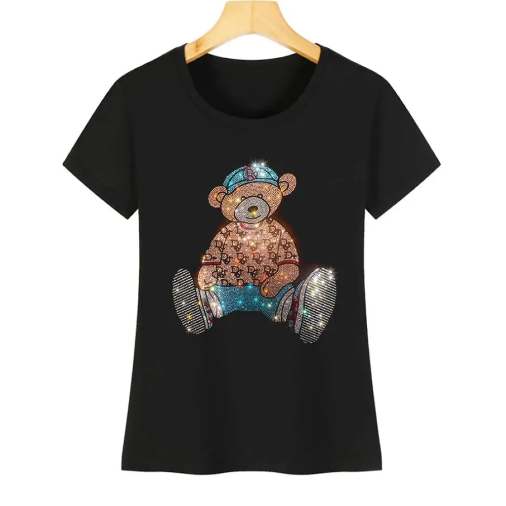 Cute Bear Cotton T-Shirt - Rhinestone Cartoon Top for Women