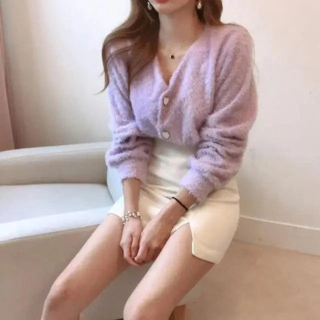 Cute Kitty Chic Fashionable V-Neck Single Breasted Mink Short Knitted Sweaters Outerwear For Women Autumn Long Sleeve Sweater Coat