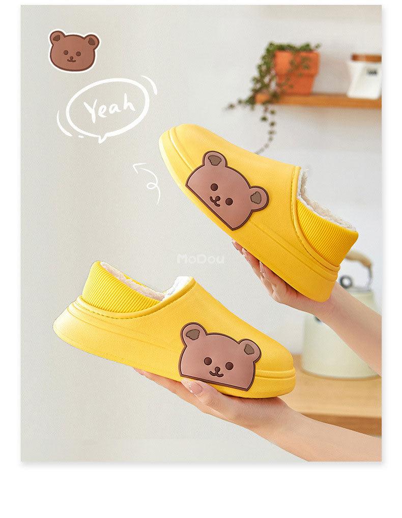 Cute Side Bear Waterproof Cotton Women Shoes Winter Warm Indoor Outdoor Wrapped Heel Slippers EVA Comfort Memory Foam Slippers Waterproof Non Skid Warm Washable Cotton Shoes Loafer Slippers