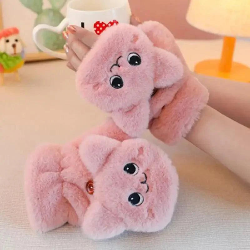 Cute Winter Warm Soft Half Finger Thick One Size Gloves For Women Fashionable Warm Comfortable Stylish Gloves For Girls
