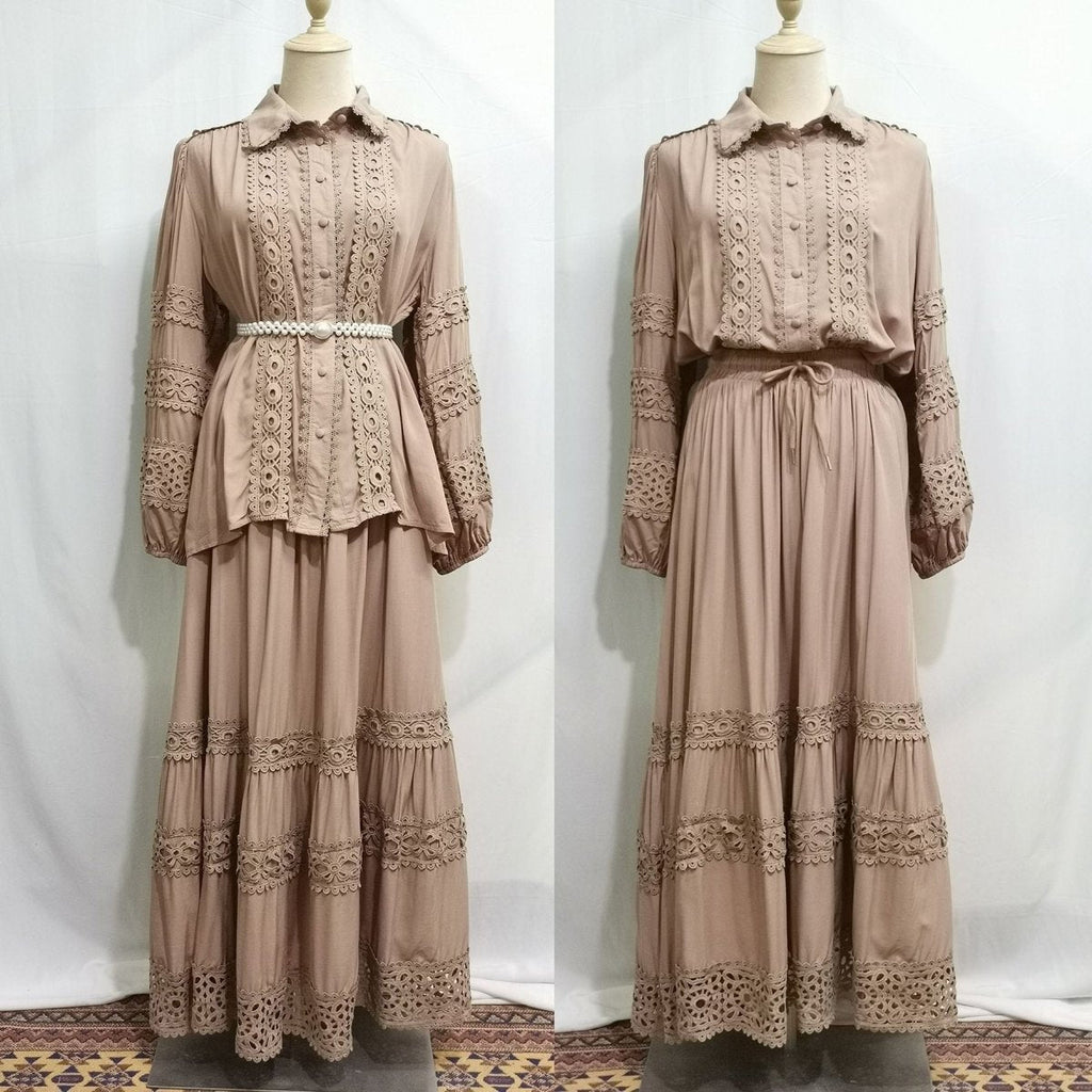 Cutwork Lace Blouse & Tiered Maxi Skirt Set (MS375)