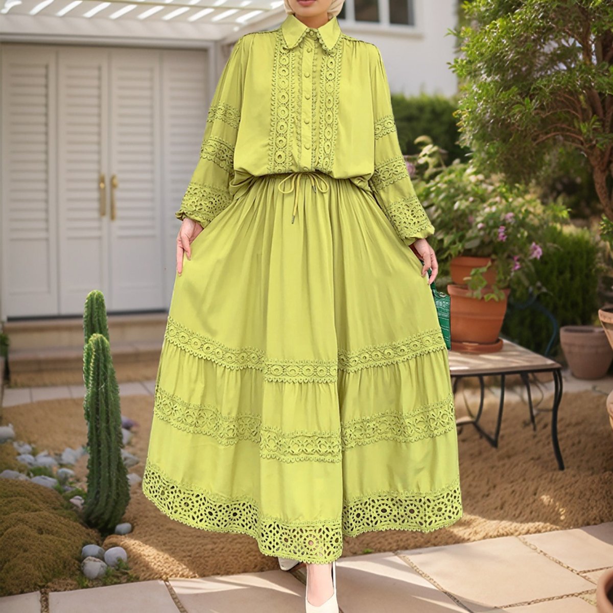 Cutwork Lace Blouse & Tiered Maxi Skirt Set (MS375)
