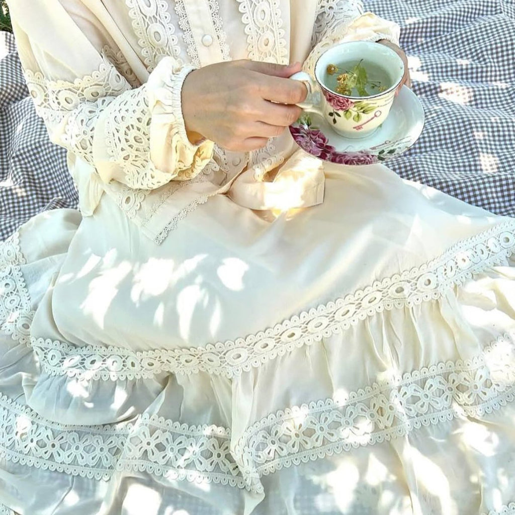 Cutwork Lace Blouse & Tiered Maxi Skirt Set (MS375)