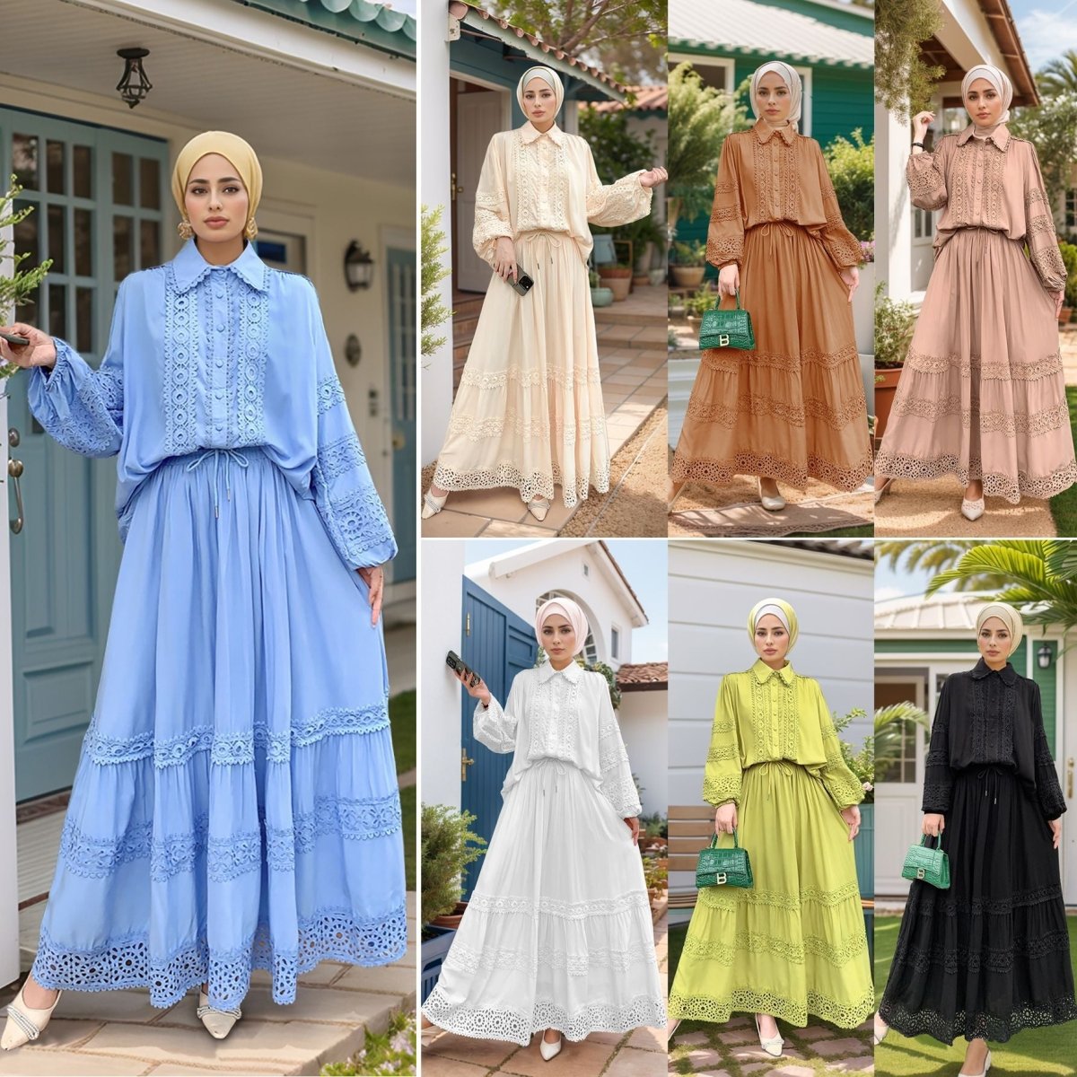 Cutwork Lace Blouse & Tiered Maxi Skirt Set (MS375)