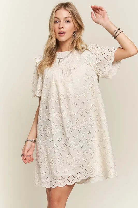 Ruffled Eyelet Round Neck Summer Dress For Women – Elegant Feminine Eyelet Dress with Ruffled Details for Garden Parties & Special Occasions