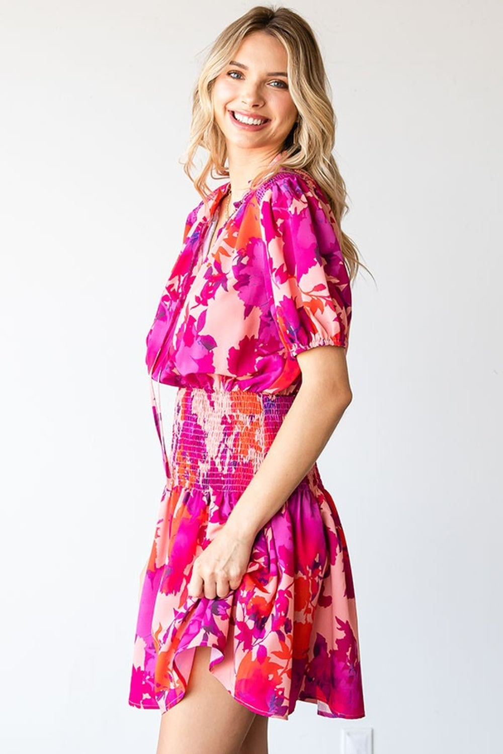 Floral Short Sleeve Smocked Mini Dress – Floral Mini Dress, Smocked Dress, Short Sleeve Floral Dress, Ruched Waist Dress, Summer Mini Dress, Romantic Floral Dress, Chic Floral Dress