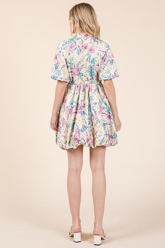 New Summer Floral Eyelet Lace Puff Sleeve Mini Shirt Dress For Women – Elegant, Trendy, Chic and Feminine Mini Shirt Dress with Puff Sleeves and Floral Eyelet Lace
