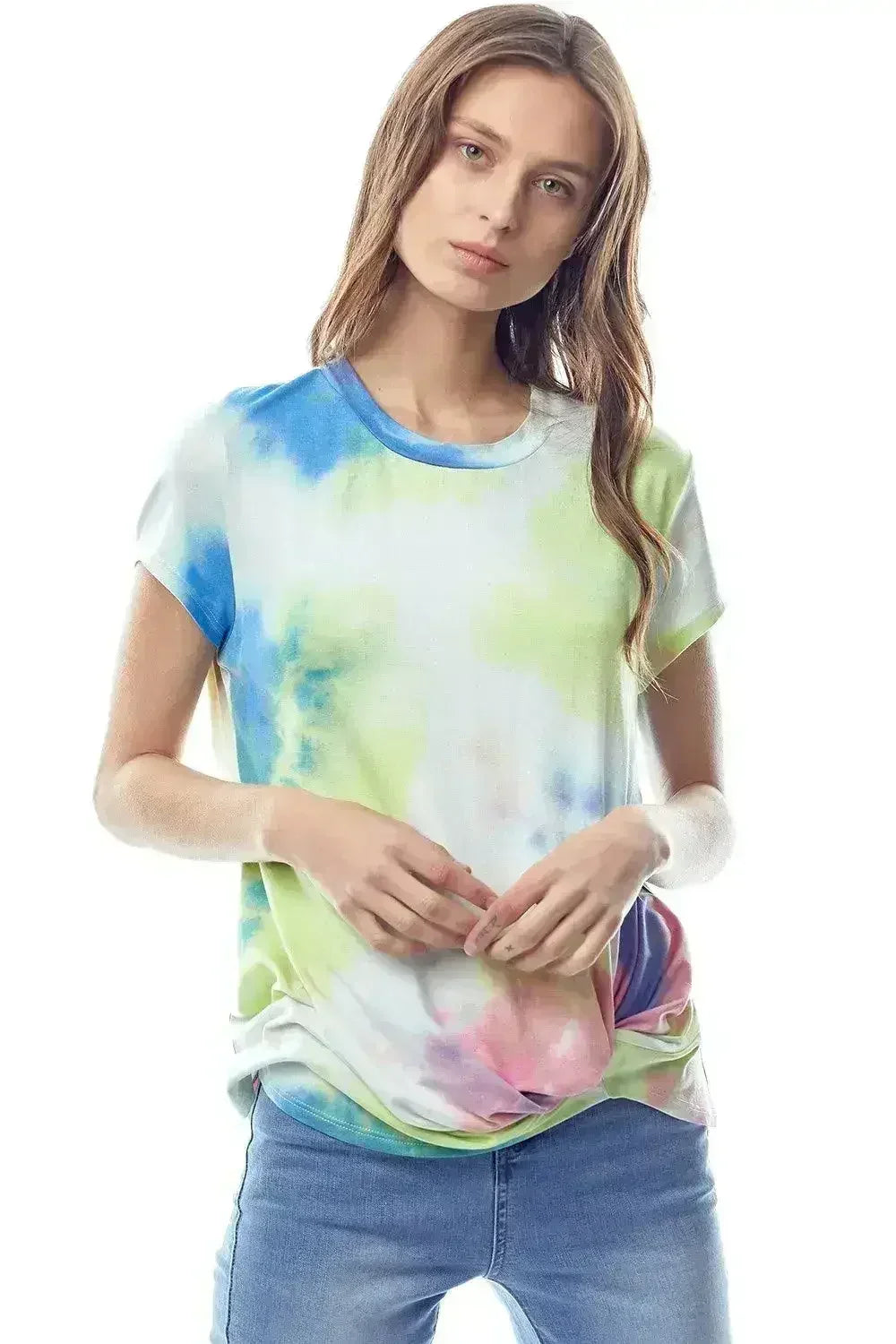 Tie-Dye Twist Front Top – Trendy Crew Neck Tee with Unique Hem | Femstylo