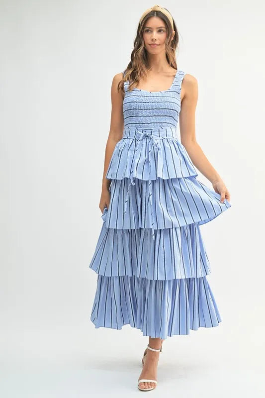Pin Stripe Smocked Bodice Layered Midi Dress – Smocked Bodice Dress, Fluttering Pinstripe Midi Dress, Layered Midi Dress, Trendy Midi Dress, Flattering Pinstripe Dress