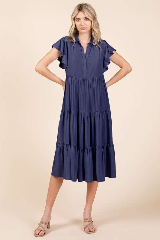 Ruffle Sleeve Collared V Neck Tiered Midi Dress For Women – Fluttering, Feminine and Polished Midi Dress with Layered Details For Any Occasion