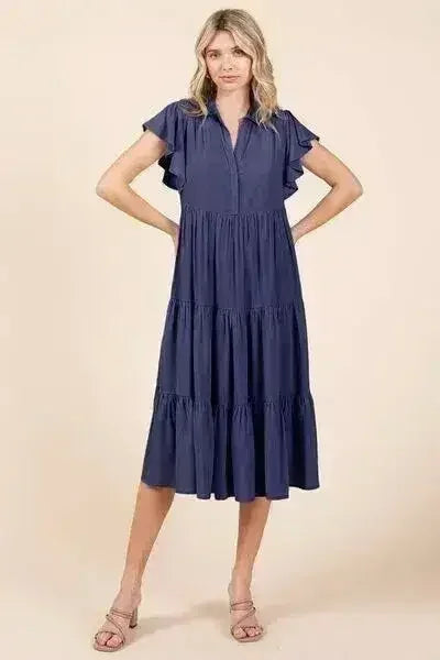 Ruffle Sleeve Tiered Midi Dress - Feminine & Elegant | Femstylo