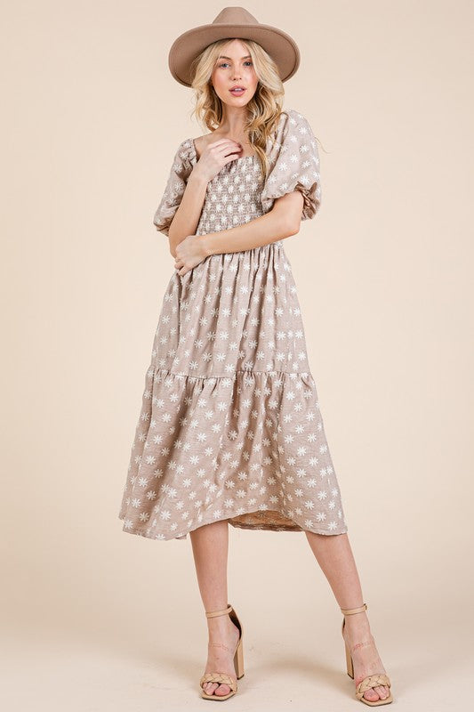 New Floral Embroidered Smocked Puff Sleeve Tiered Midi Dress For Women Elegant,Charming and Feminine Floral Embroidered Midi Dress with Puff Sleeves and Tiered Design