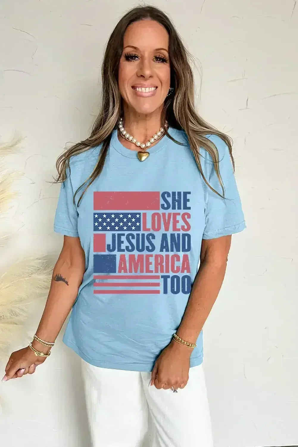 Light Blue SHE LOVES JESUS AND AMERICA TOO Patriotic T Shirt