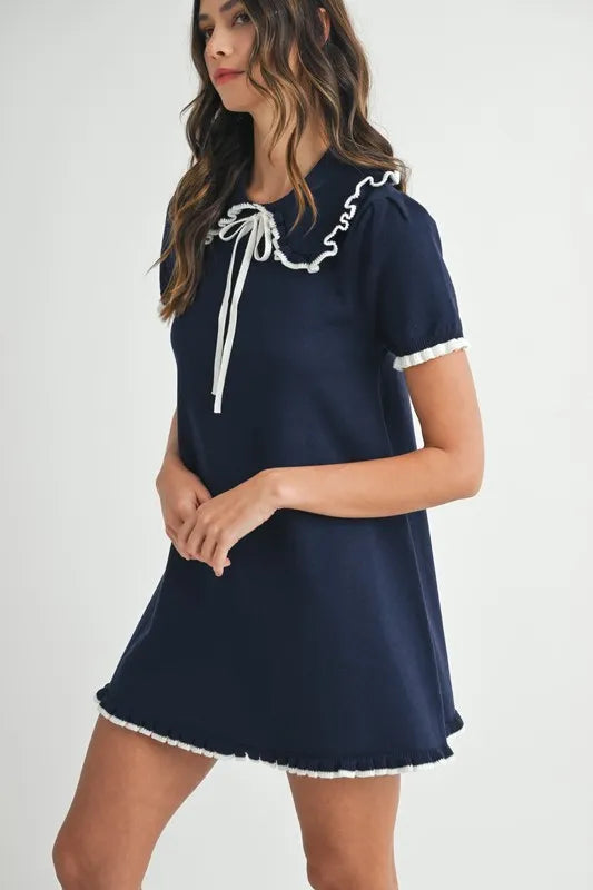 Ruffle Trimmed Collar Fine Knit Mini Dress For Women – Ruffle Mini Dress, Fine Knit Dress, Collar Dress, Feminine Mini Dress, Chic Knit Dress