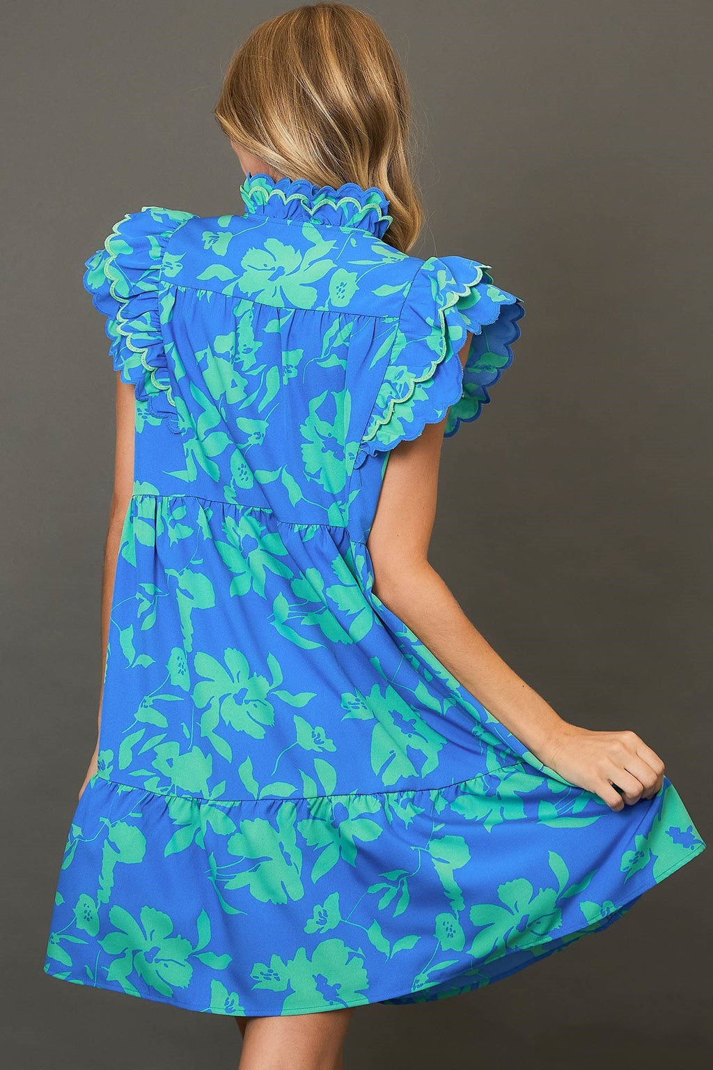 Blue Full Size Two-Tone Floral Print Ruffle Cap Sleeve Mini Dress Plus Size Elegant Dress