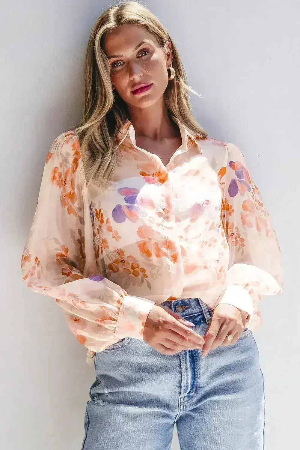 White Balloon Sleeve Floral Shirt - Loose Fit Blouse | Femstylo