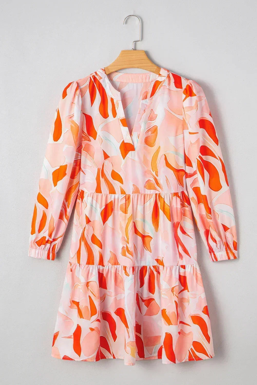 Orange Abstract Print Split Neck Long Sleeve Dress