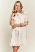 Ruffled Eyelet Round Neck Summer Dress For Women – Elegant Feminine Eyelet Dress with Ruffled Details for Garden Parties & Special Occasions