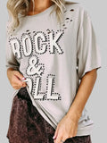 Women ROCK & ROLL Round Neck Dropped Shoulder Short Sleeve T-Shirt