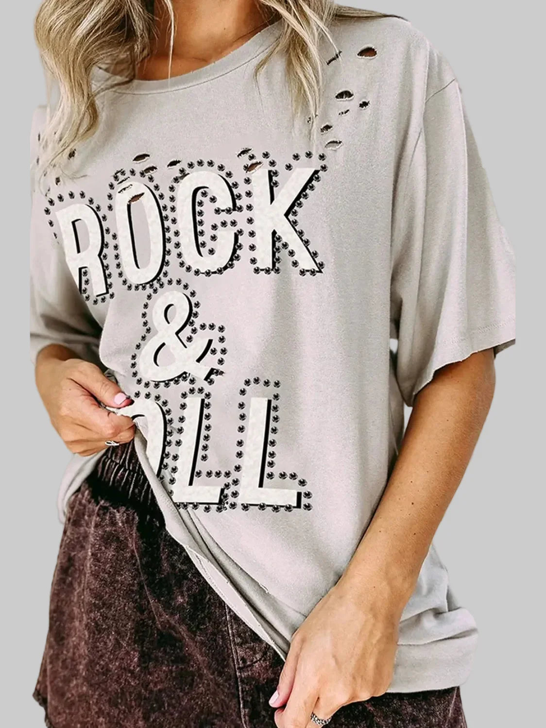Women ROCK & ROLL Round Neck Dropped Shoulder Short Sleeve T-Shirt
