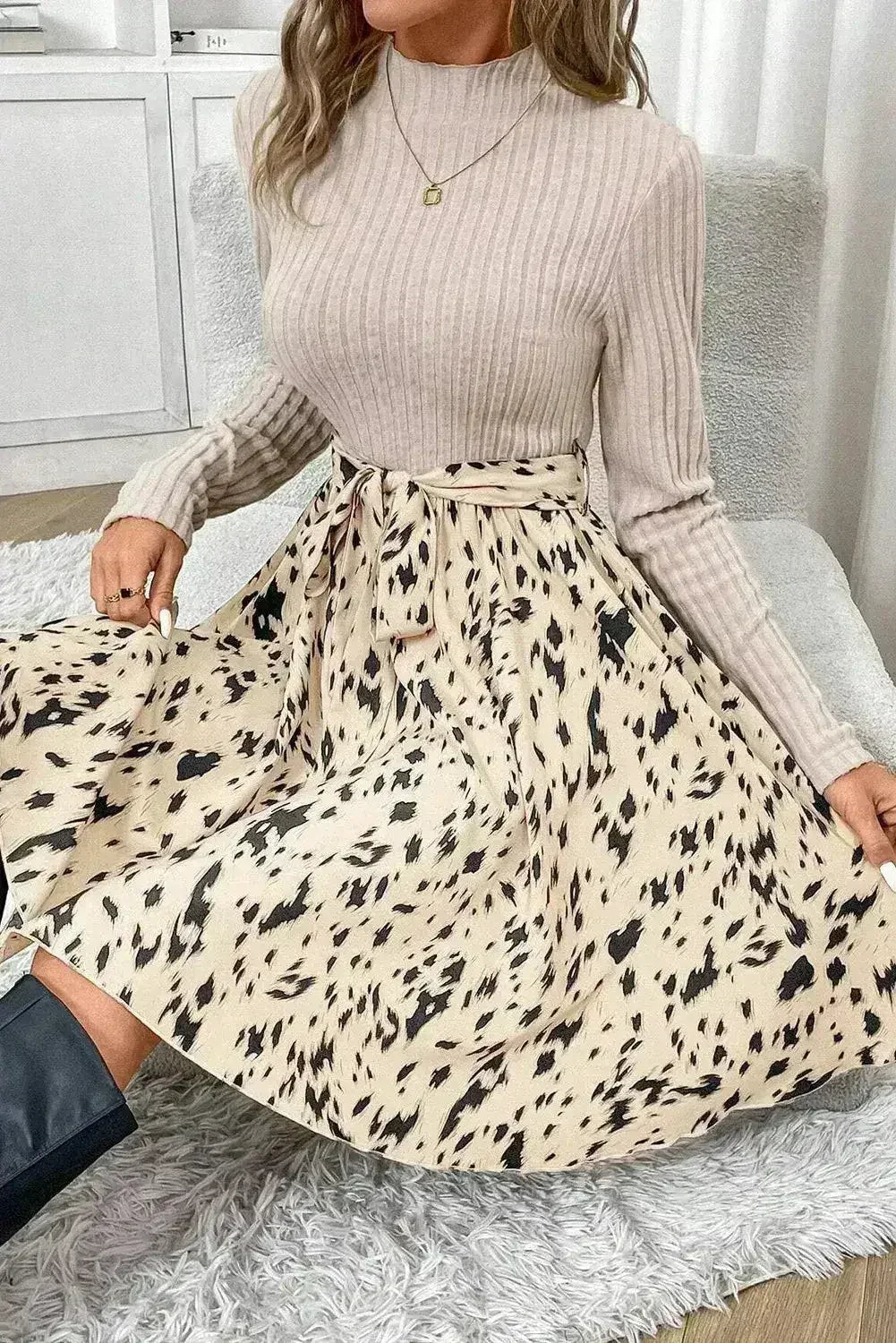 Tied Mock Neck Printed Dress | Long Sleeve Wrap Style | Femstylo