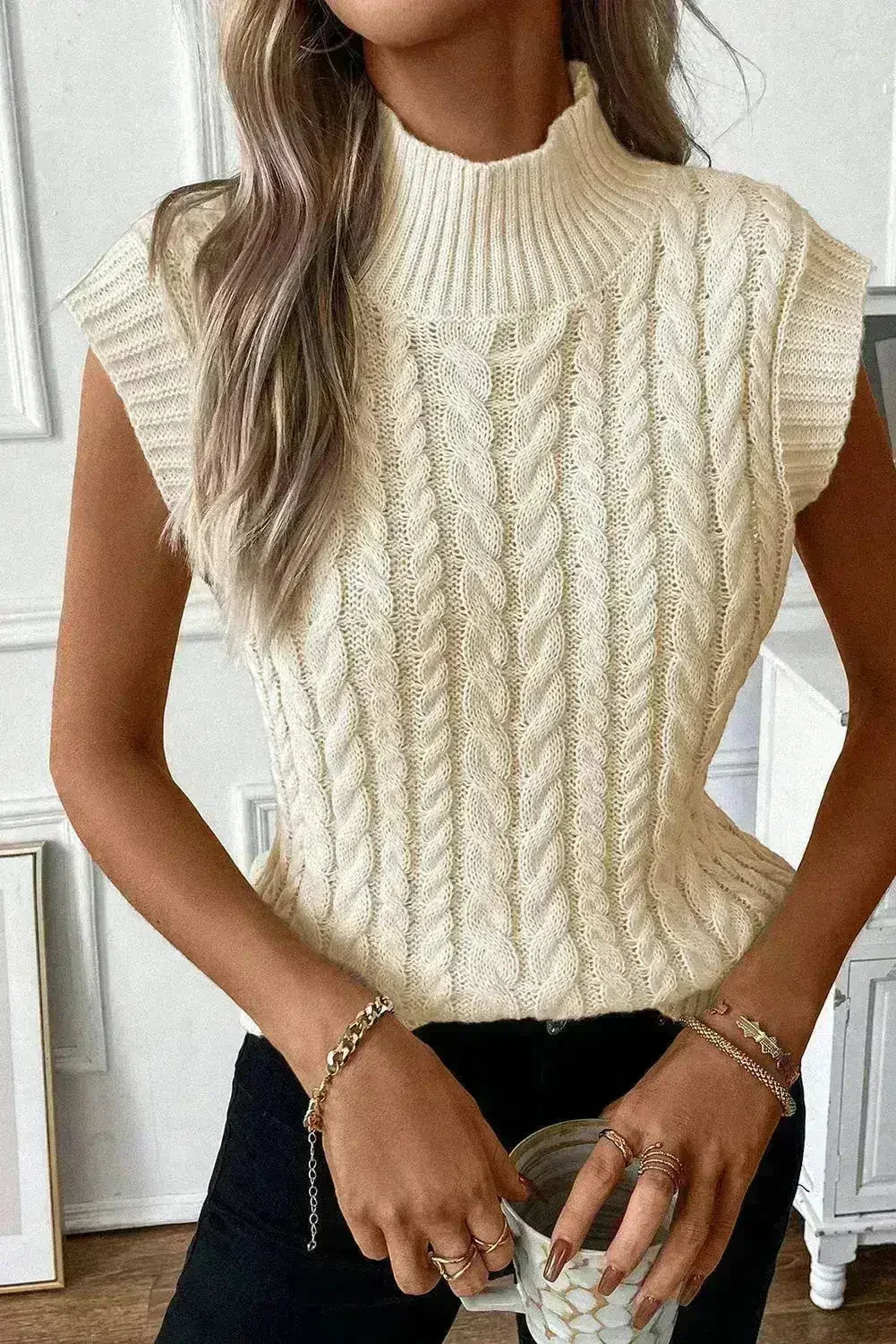 Cable Knit Sweater Vest – High Neck & Textured Oatmeal