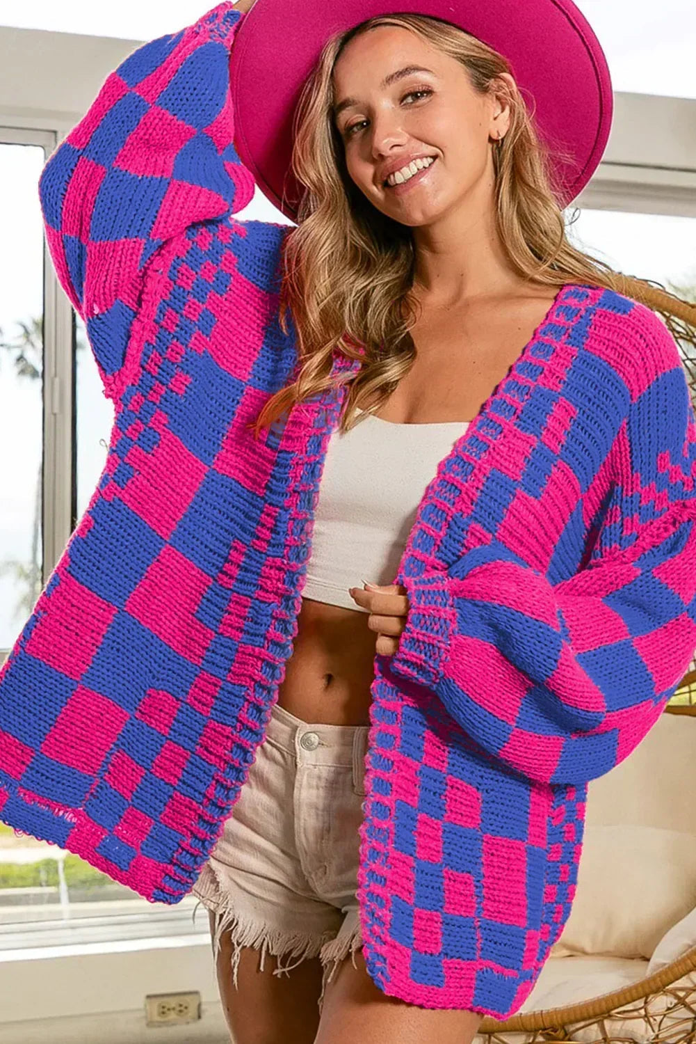 Taupe Colorblock Checked Open Front Knitted Cardigan