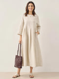 100% Linen Bateau Neck Pleated Midi Dress ABIGAIL