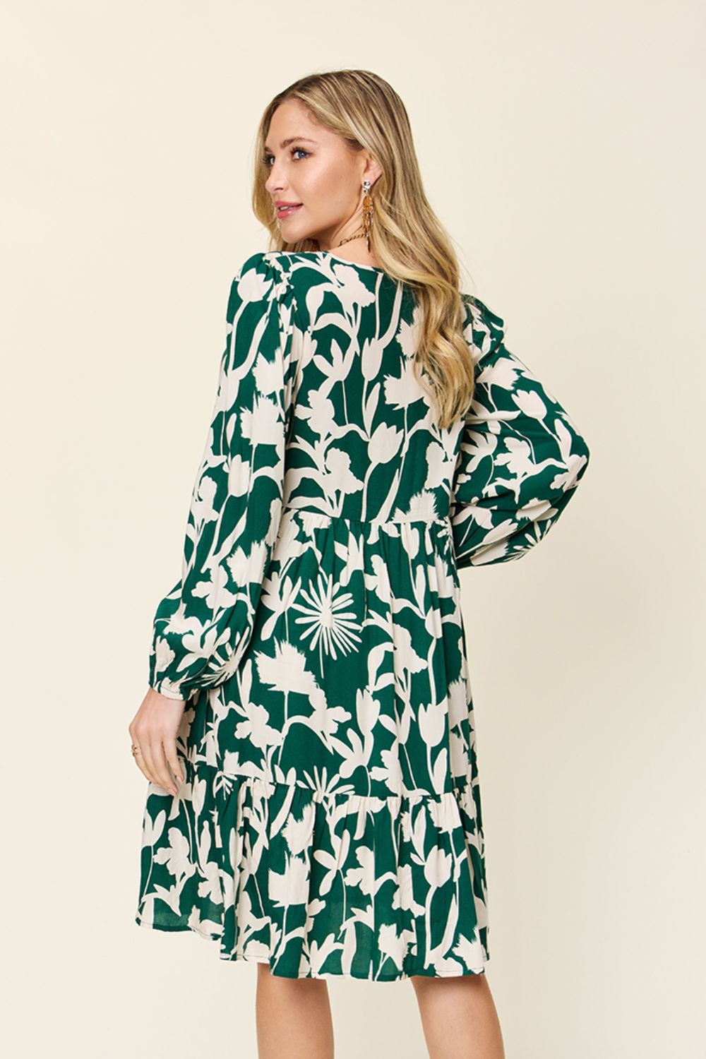 Double Take Full Size Printed Ruffle Hem Dress with Pocket Stylish & Functional Women Dress