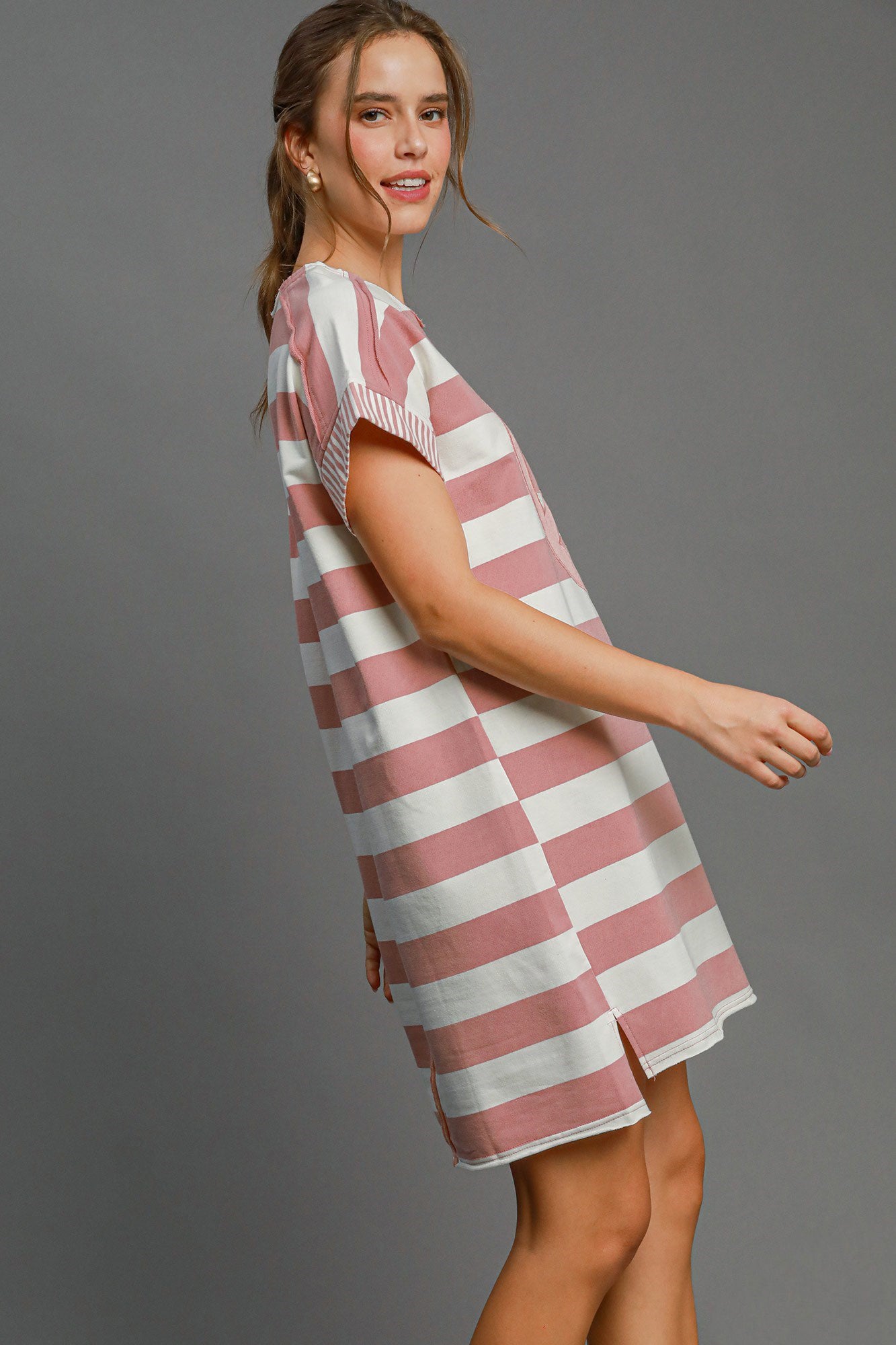 Peace Applique Striped Short Sleeve Mini Dress – Trendy Stripes, Playful Peace Applique, and High-Low Hem for a Chic Casual Look