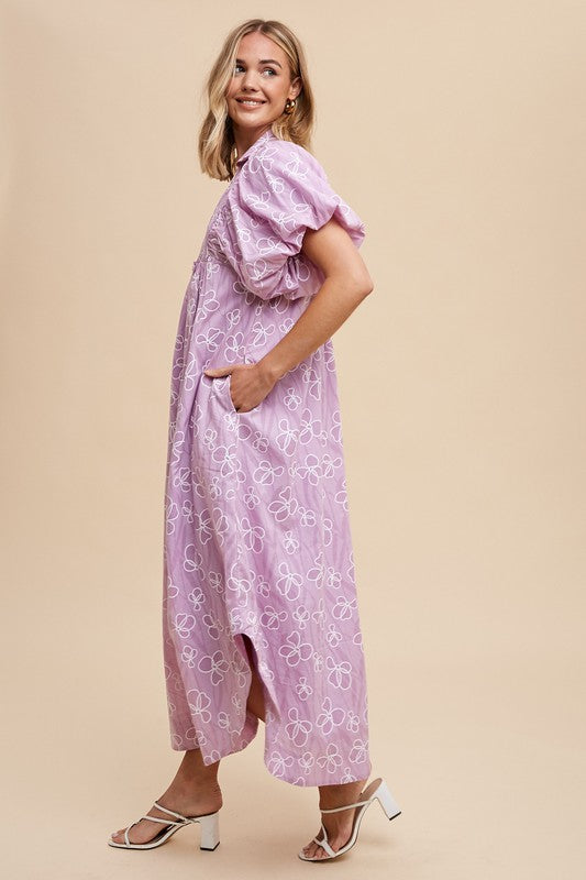 Romantic Floral Detail Puff Sleeve Dress Feminine Elegant Dress for Women Long Dress For Summer