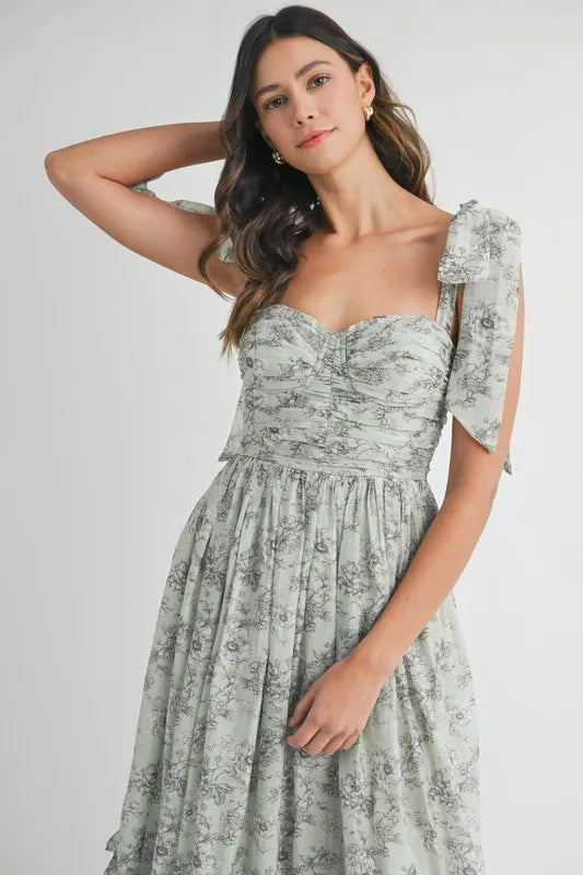 Floral Bust Ruched Midi Dress with Shoulder Tie For Women – Ruched Midi Dress For Summer, Floral Bust Dress, Shoulder Tie Dress, Feminine Midi Dress, Chic Event Dress