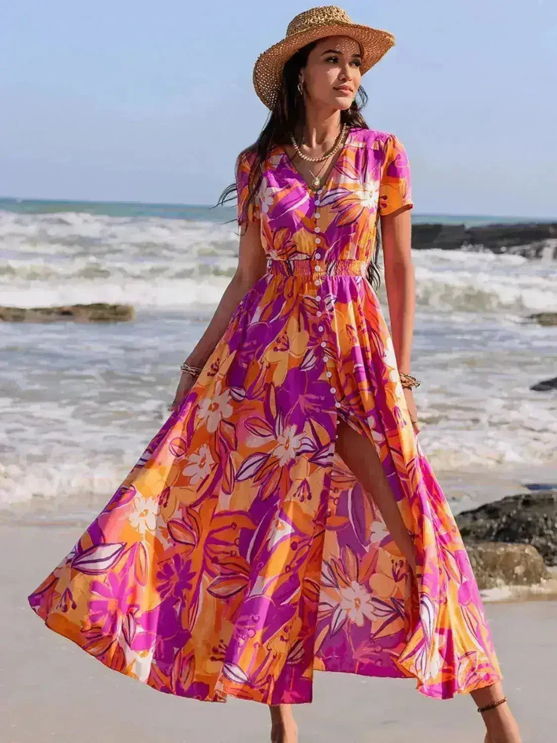 Printed V-Neck Midi Dress - Flowy Viscose Summer Dress | Femstylo