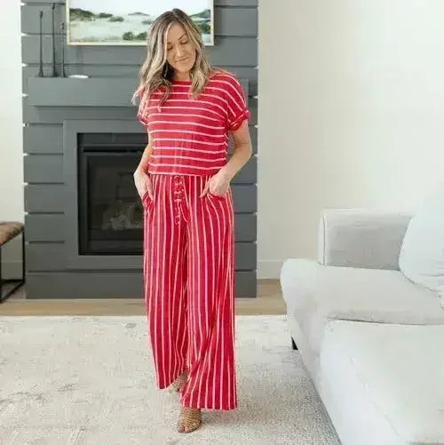 Stripe Jumpsuit Elastic Waist Back Keyhole