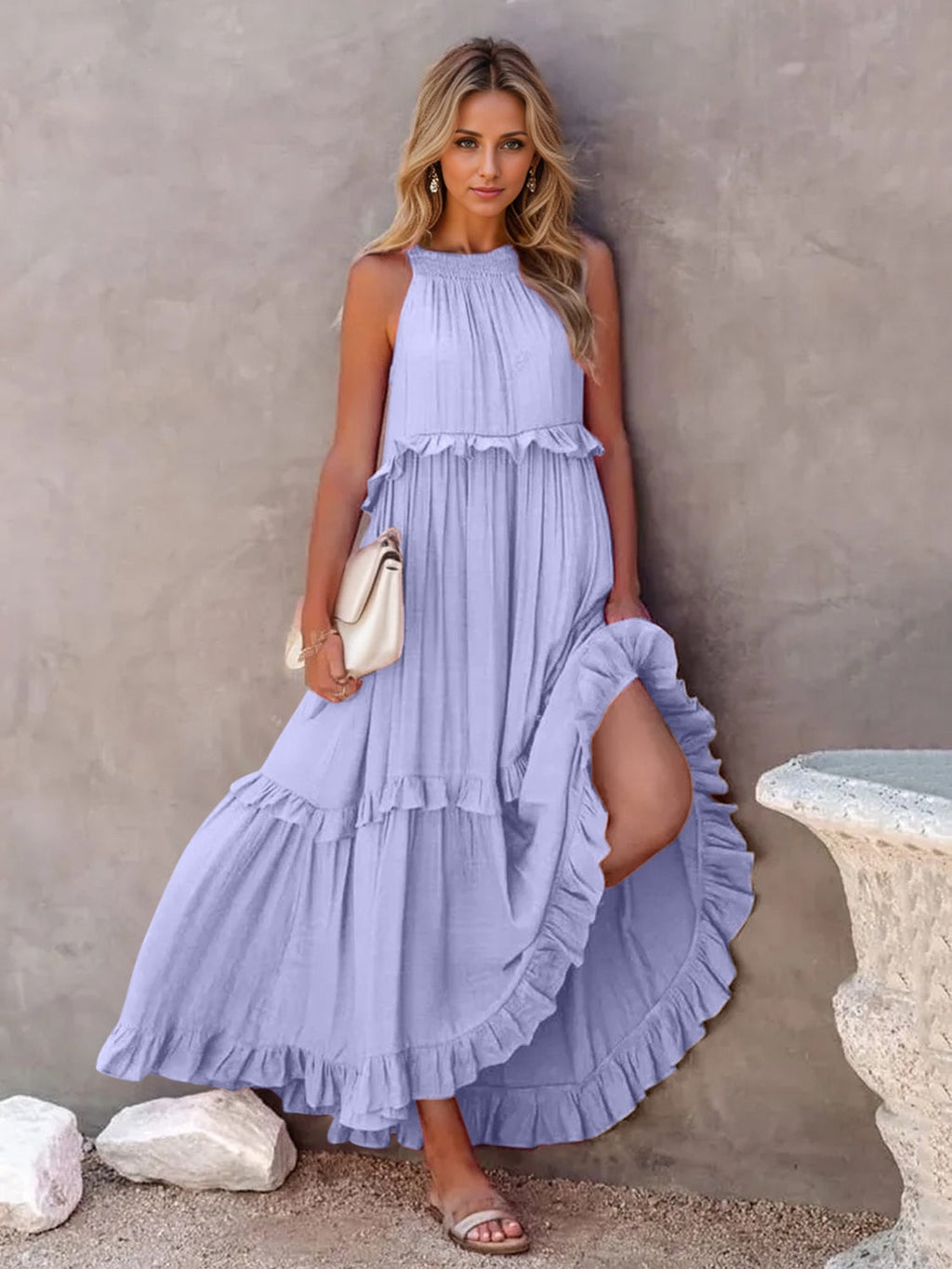 Romantic Ruffled Sleeveless Tiered Maxi Dress with Pockets Elegant & Chic Statement Beautiful Design Dress