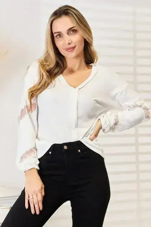 Off White V-Neck Dropped Shoulder Blouse - Versatile Top | Femstylo
